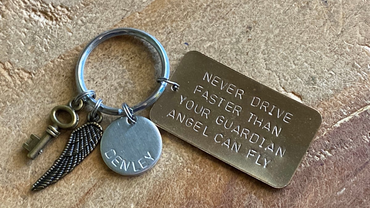 Guardian angel keychain as friendship day gift that reads never drive faster than your guardian angel can fly.