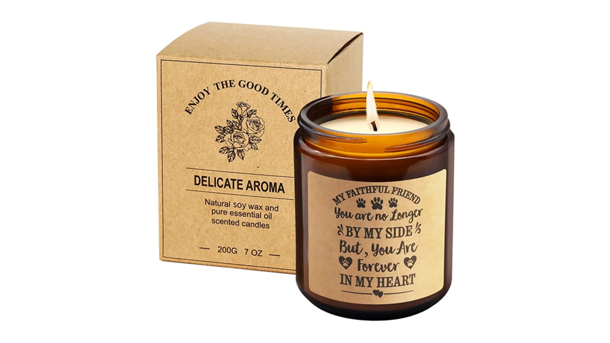 A personalized candle with the perfume that they used for their pets, so that they can remember what they smelt like. It is a personalized memorial gift.