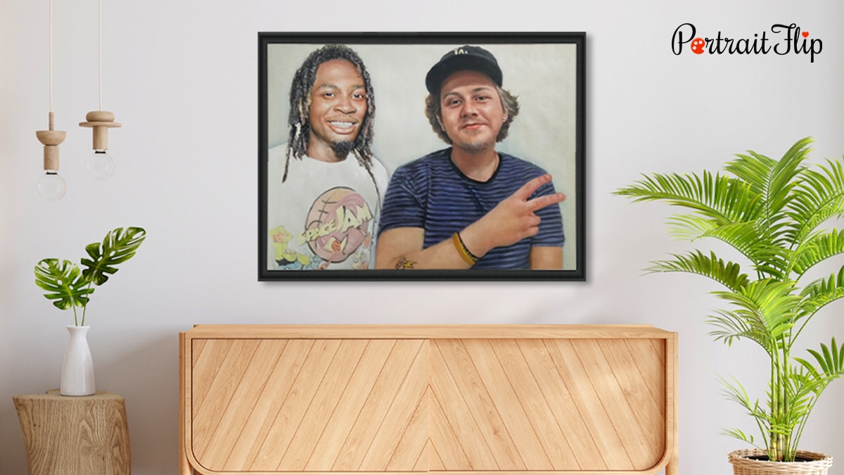 A custom oil portrait where two friends are posing for a picture by PortraitFlip