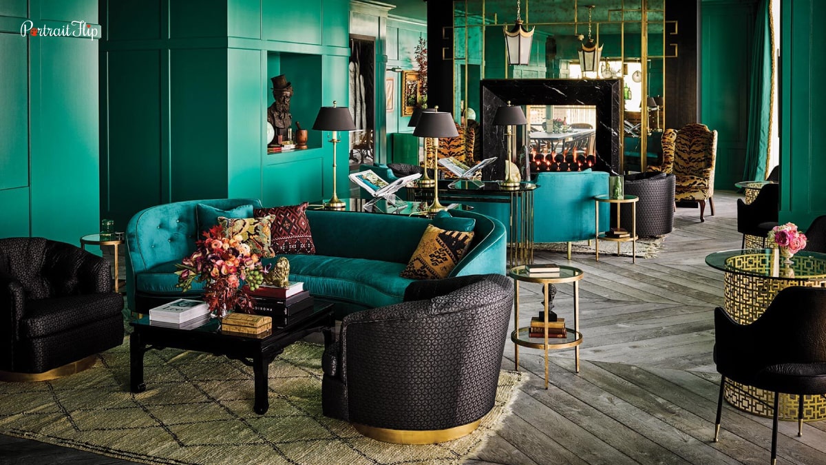Emerald green home decor in 2022. The whole room is full of emerald green and green toned sofas and furniture.