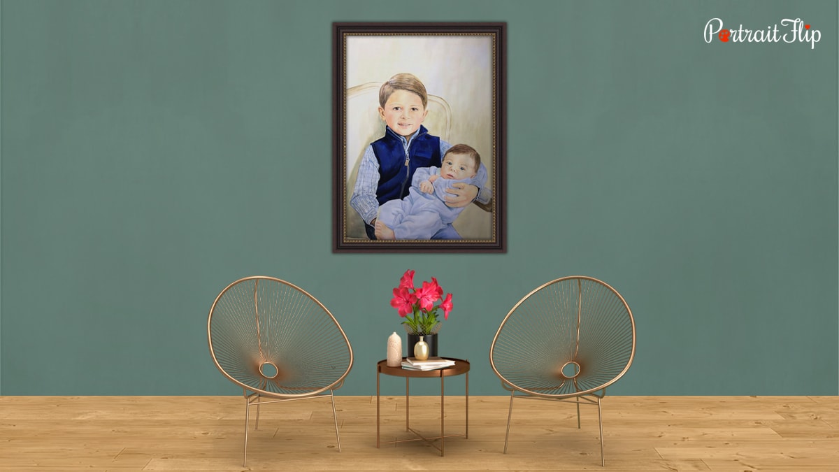 A painting portrait of a kid holding a child. the interior is beautiful with chairs and a table beside the chairs. it is a gift for memorial for someone who has lost a loved one.