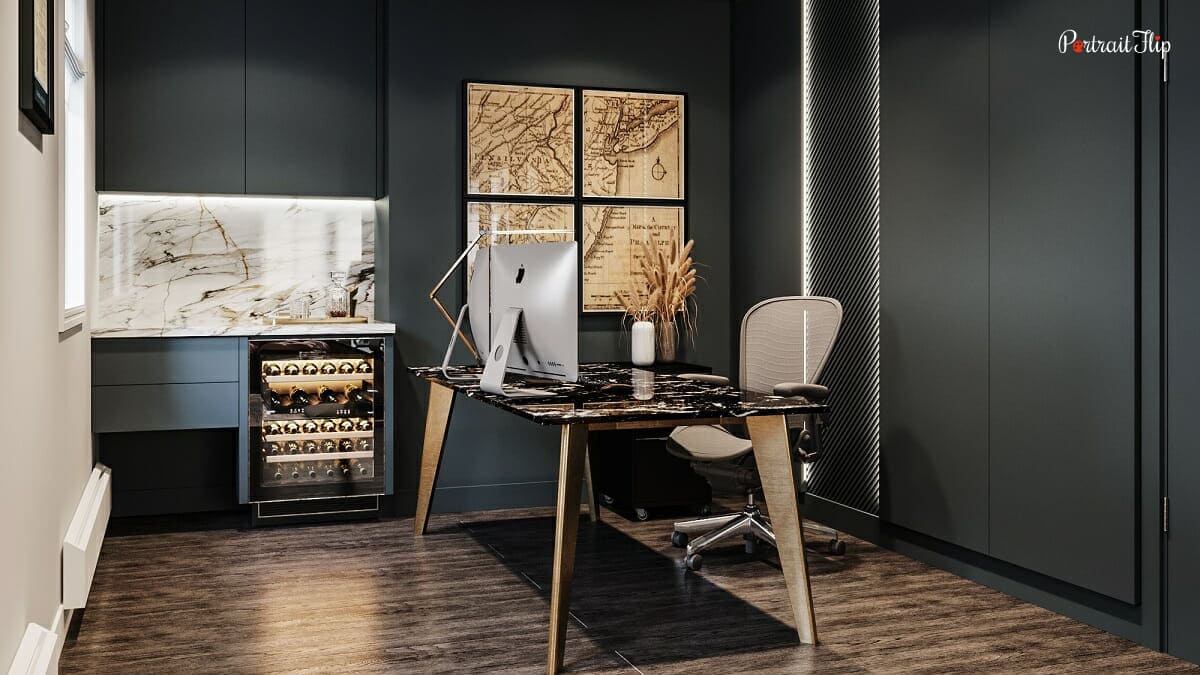 A home office home decor trend that is getting really popular. There is a room with subtle but strong light a desktop and a comfortable chair. It is quiet and suitable for work.