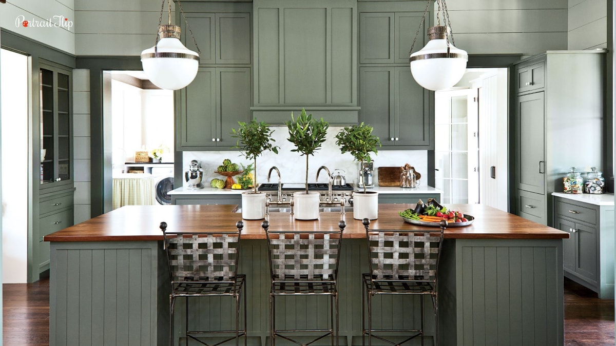 An interior or home decor trend of a kitchen with green cabinets and a very chill, close-to-nature vibe. This is one of the Kitchen 2022 trends in home decor.