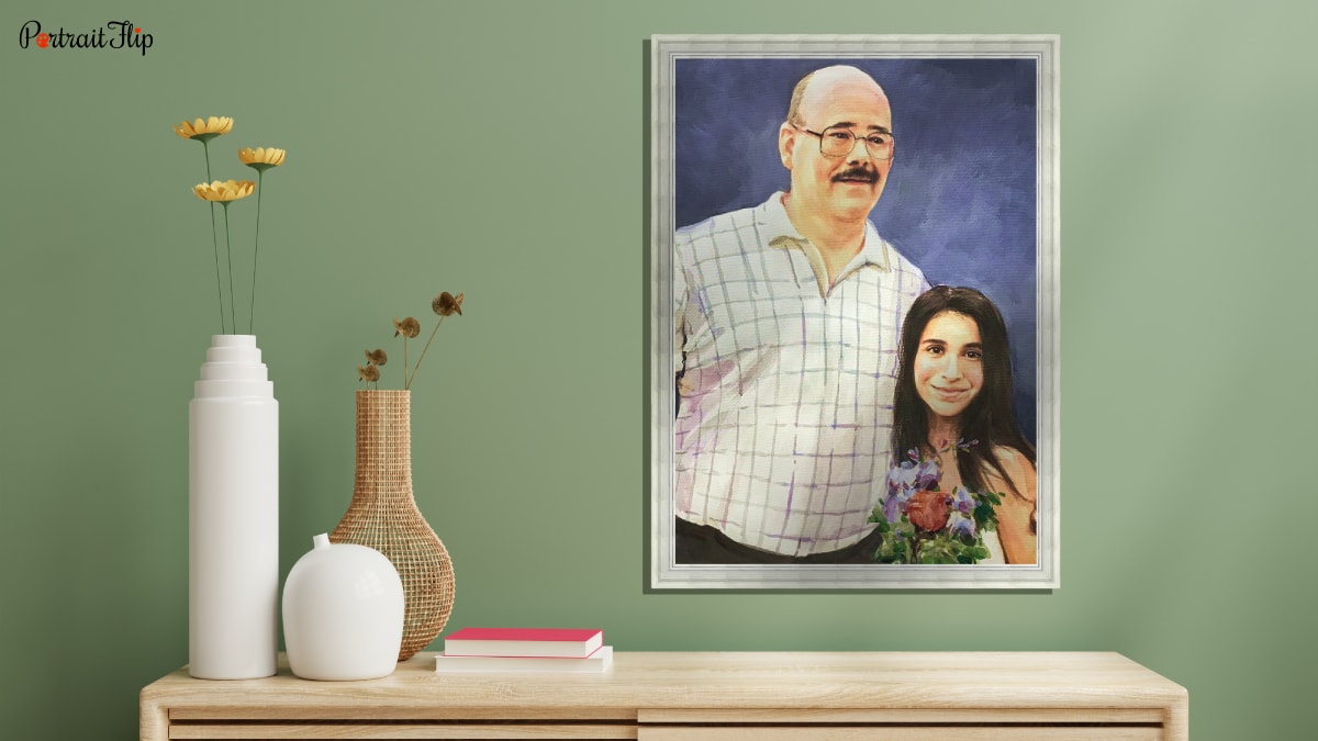 A beautiful interior above a table with vases and books. It is a portrait of a dad and daughter. It is also a personalized wedding gift.