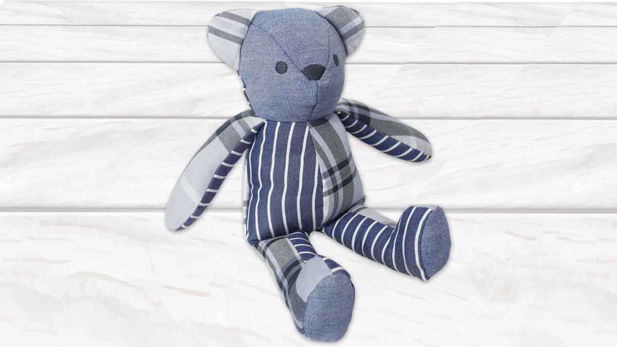A teddy made from the clothes of the person lost. A memory teddy is a gift for memorial for the loss of a child.