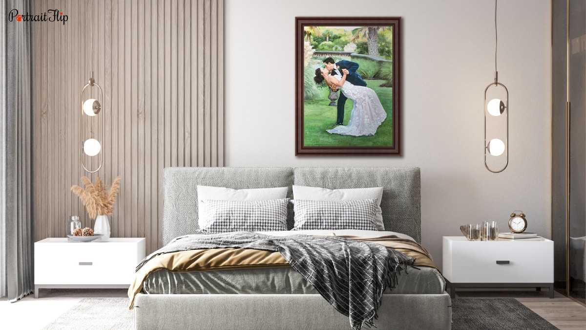 A beautiful interior of a bedroom with an amazing painting portrait of a couple on their wedding day kissing. This is also a personalized wedding gift.