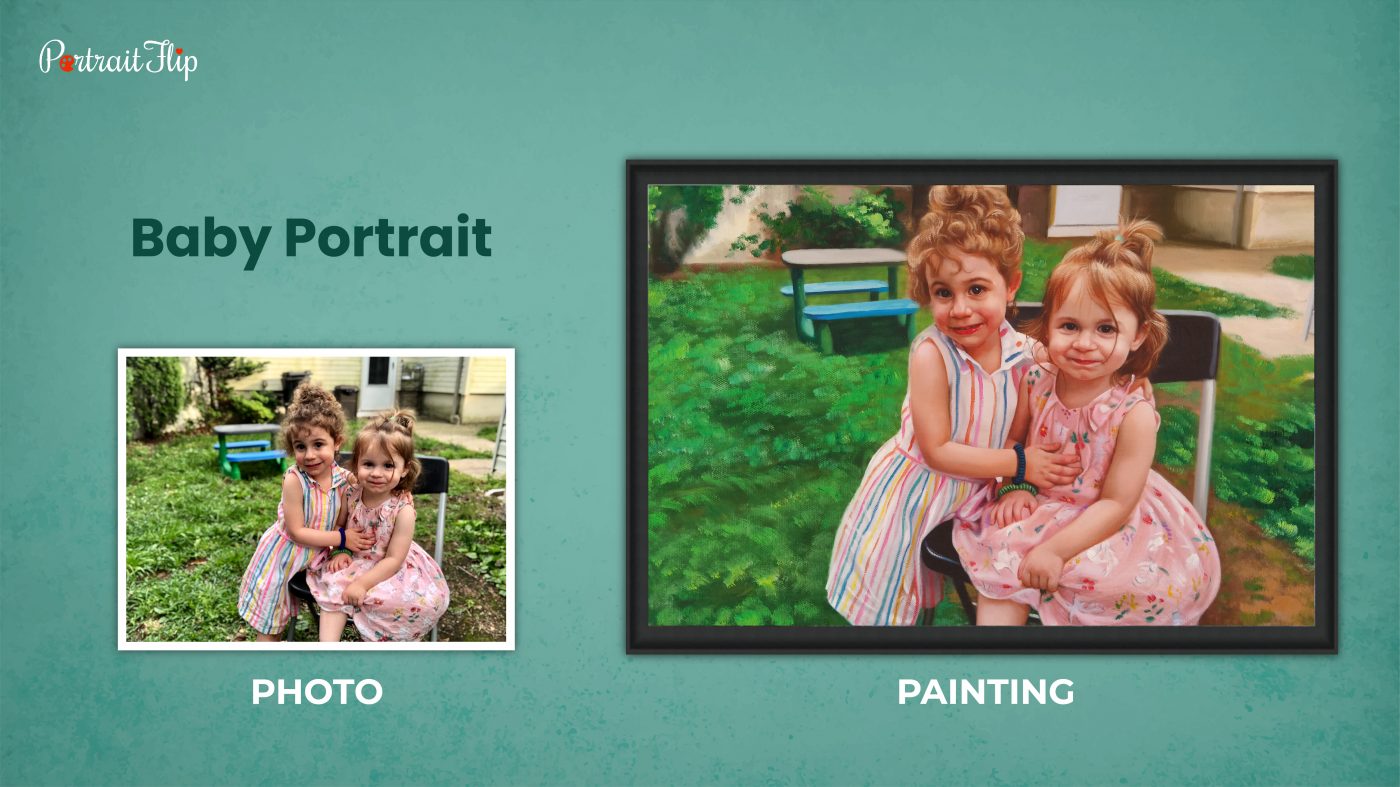 A custom baby portrait where two sisters are holding on to each other on a garden bench made by PortraitFlip