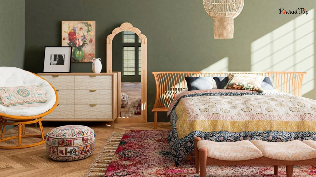 A interior of a bedroom furnished in a boho design. There is a bed draped in sheets with different colors. A chair that looks comfortable. A small mirror and a cabinet. All of this is pleasing to the eye. This is one of the other trends in home decor 2022.