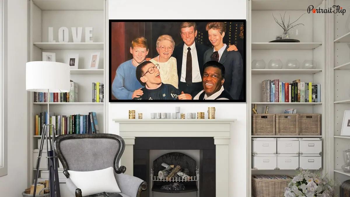 A custom artwork by PortraitFlip displayed above the fireplace to show how a large painting would look in the lounge area.