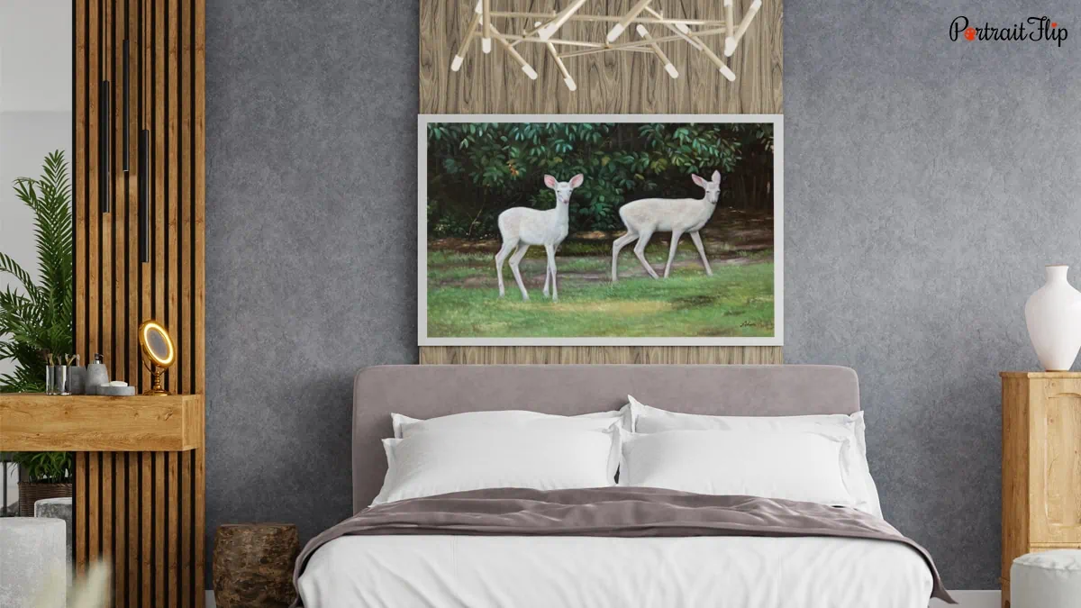 A custom artwork by PortraitFlip displayed above a bed to show how a large painting would look in the bedroom.