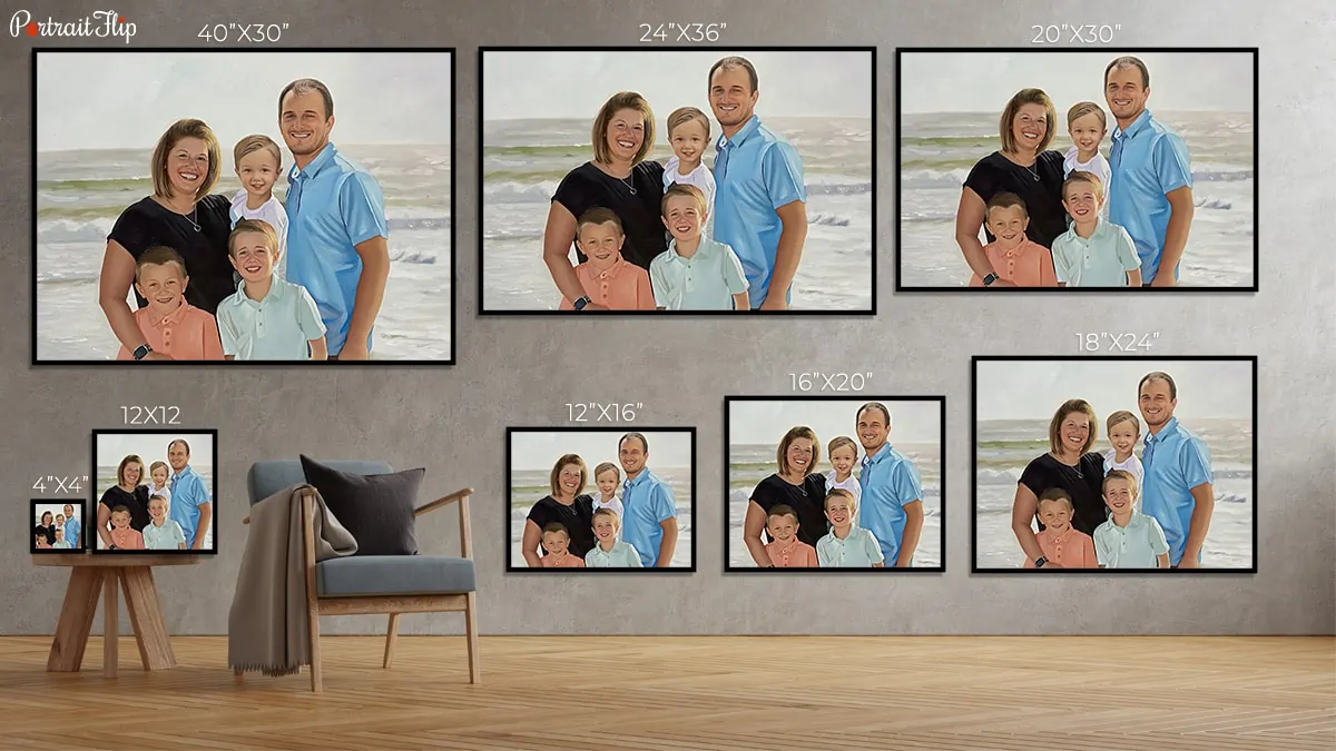 An interior wall mockup displaying all the different size of canvases in a standard portrait size chart to give an idea that which portrait size will be right for someone's home