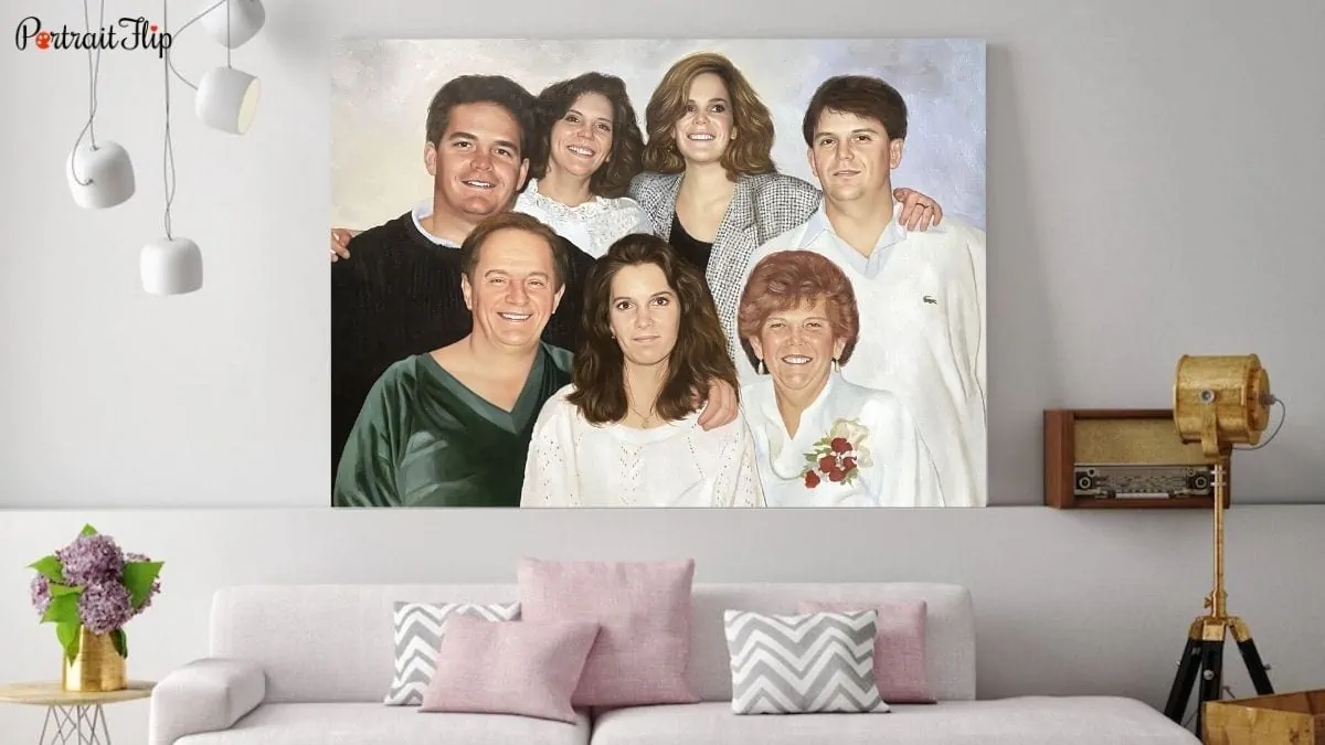A custom portrait displayed on the floor to better understand the size of placement and size of custom portraits in the portrait size chart family.