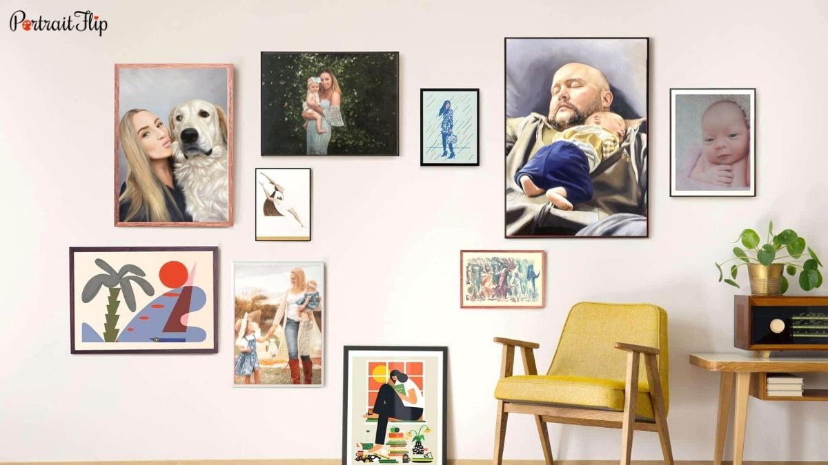 A gallery wall decorated with paintings from portraitflip to give an idea how different sized portraits would look mounted on a wall as a gallery wall display.