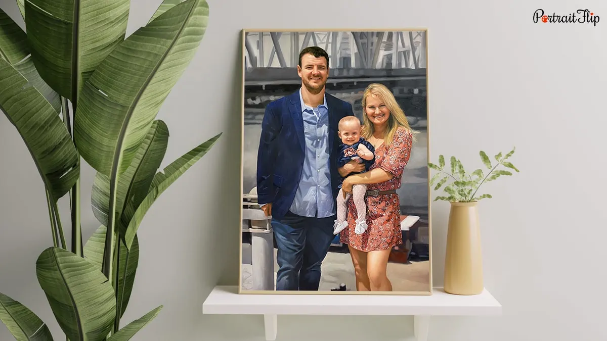 A medium portrait displayed on the shelf to better understand the size of placement and size of medium portraits in the portrait size chart family.