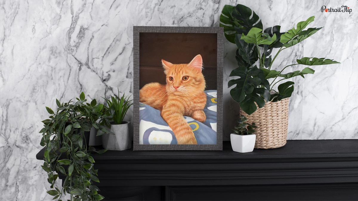 A mini portrait displayed on the shelf to better understand the size of placement and size of mini portraits in the portrait size chart family.