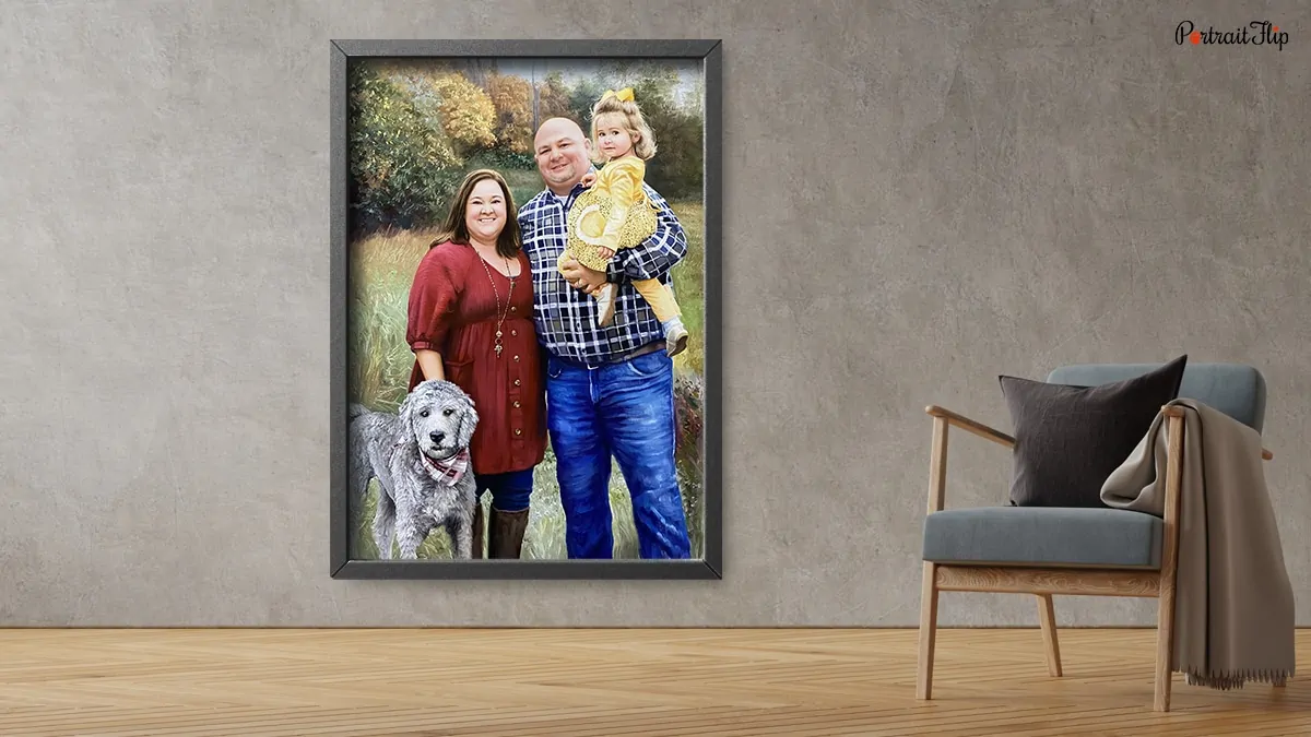 A custom artwork by PortraitFlip displayed on an enormous empty wall to show how a large painting would look in the living room.