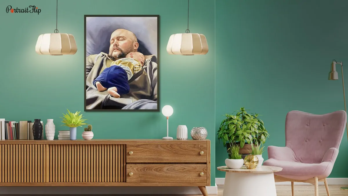 A custom artwork by PortraitFlip displayed with lights to show how a large painting would look in the living room.