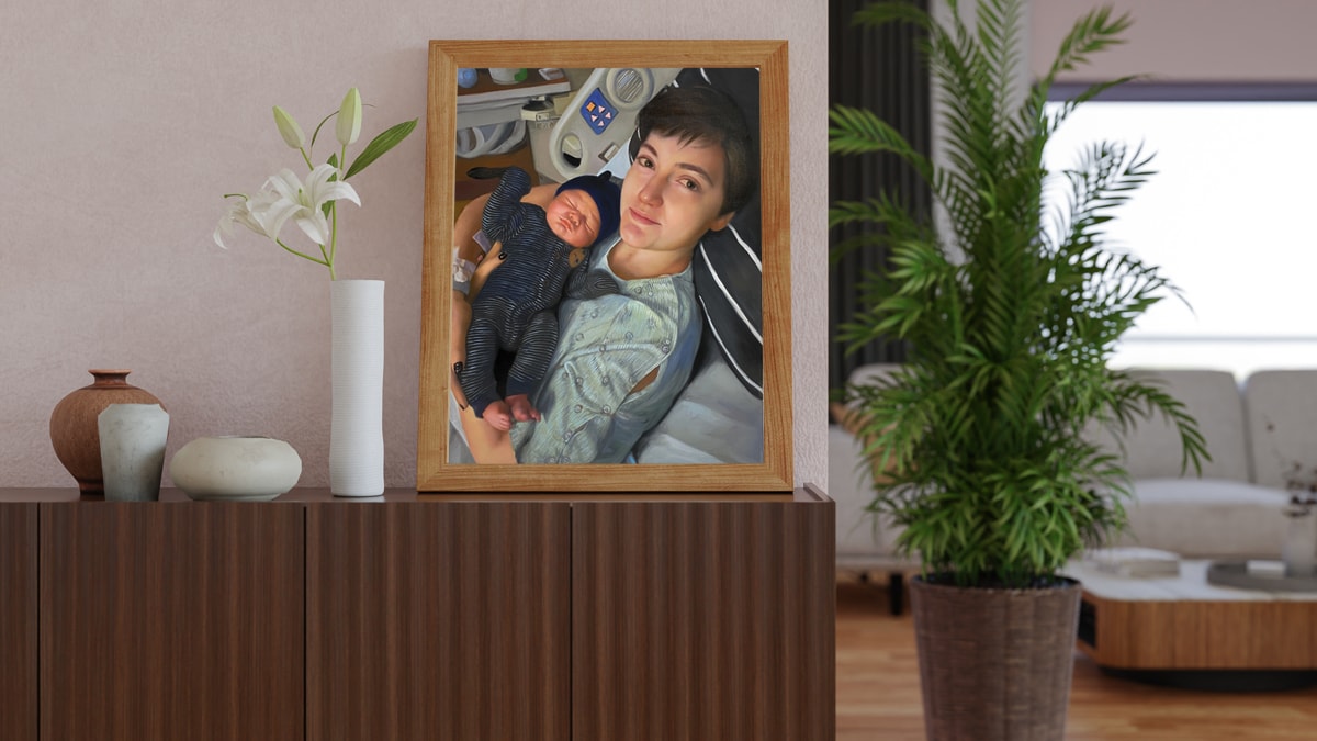 A small portrait displayed on the shelf to better understand the size of placement and size of small portraits in the portrait size chart family.