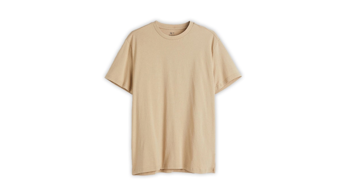 wheat colored t-shirt in a white background. 