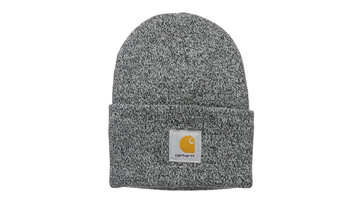 grey textured knit cuffed beanie in a white background. 