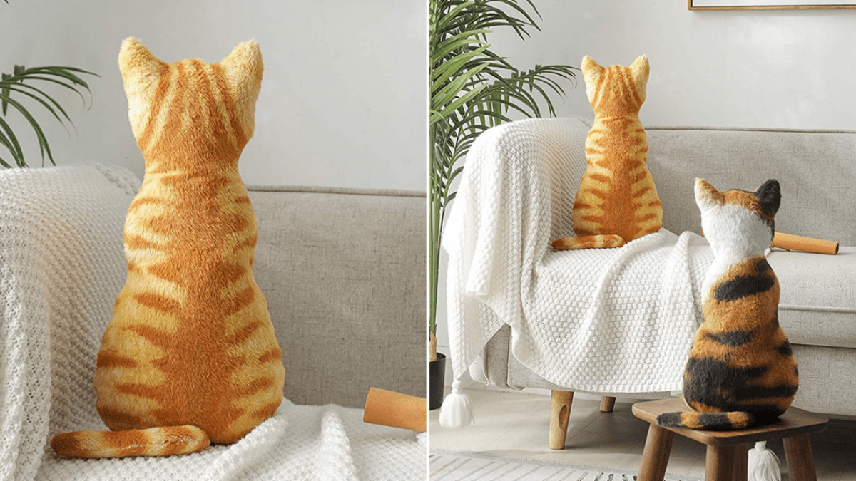 Cat shaped pillows shown as could be sympathy gifts that can be given to someone who has lost a pet.
