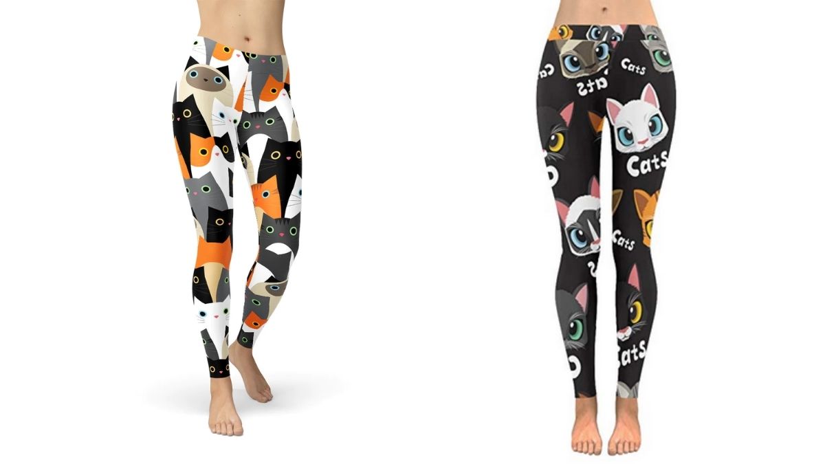 A pair of cat themed leggings or tights shown as gifts for cat lovers