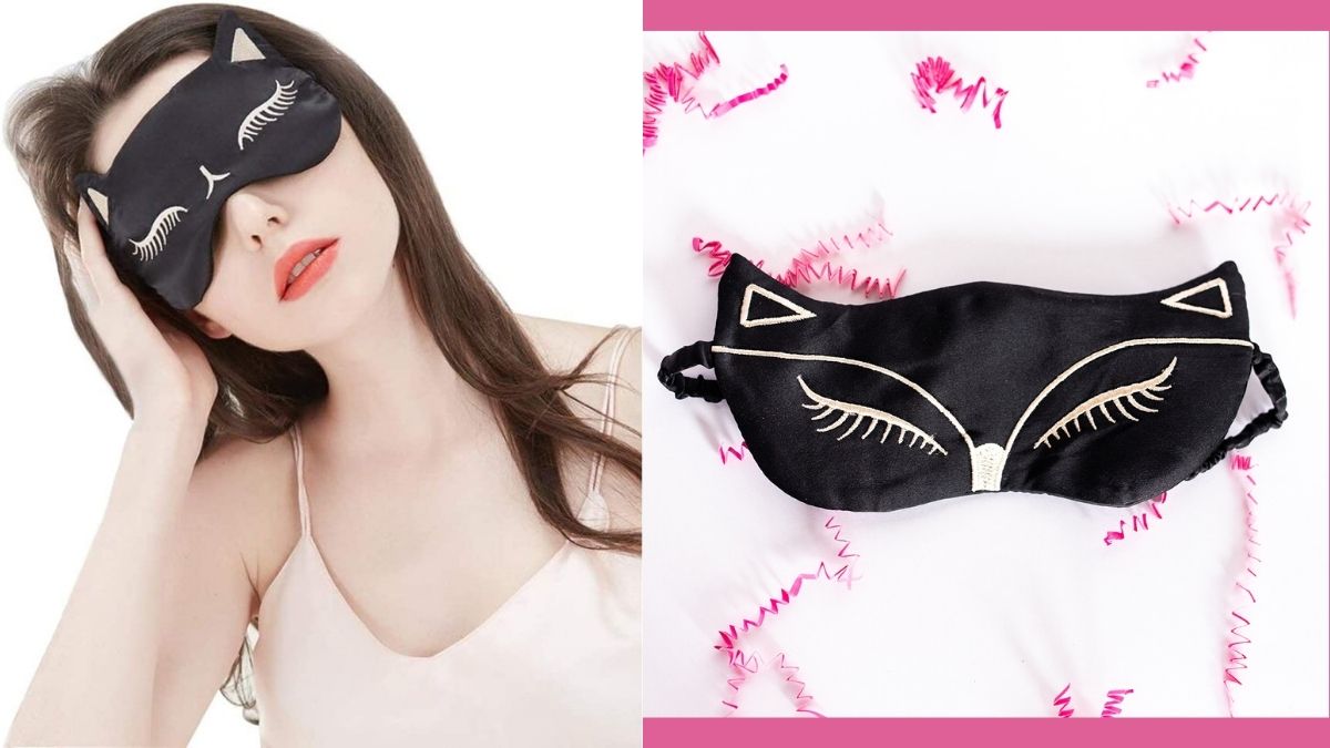  a cat themed sleeping mask shown as a cat lovers gift
