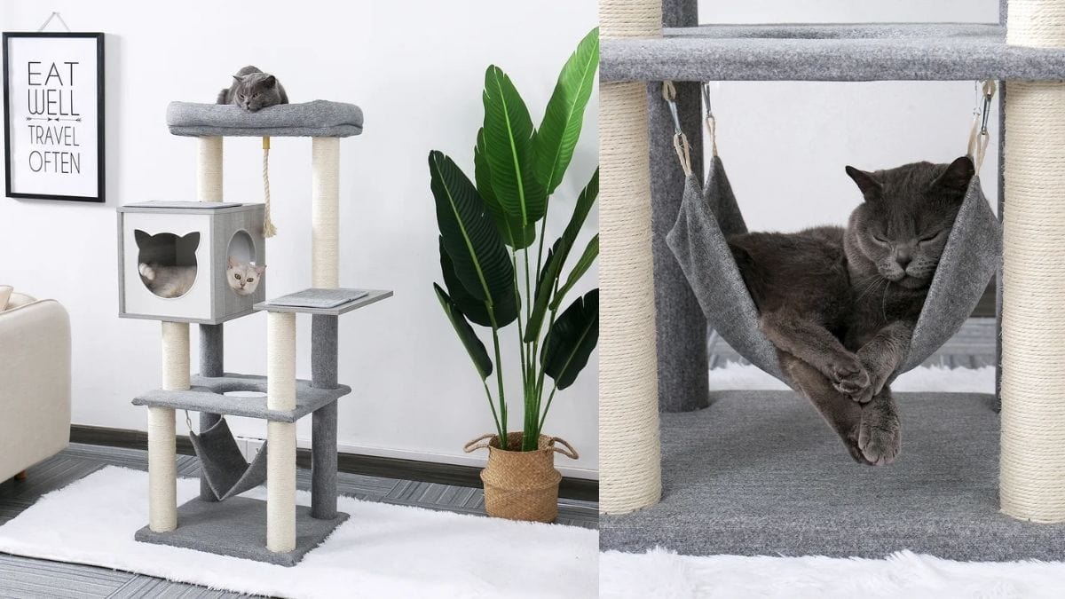 cat tower is shown with cats relaxing on it as a gift for cat lovers.