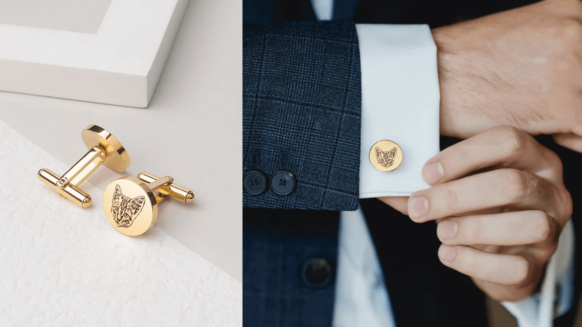 A personalized pair of cufflinks that show a cat's face embedded to show that it can be given as a pet memorial gift to someone who has lost a pet.