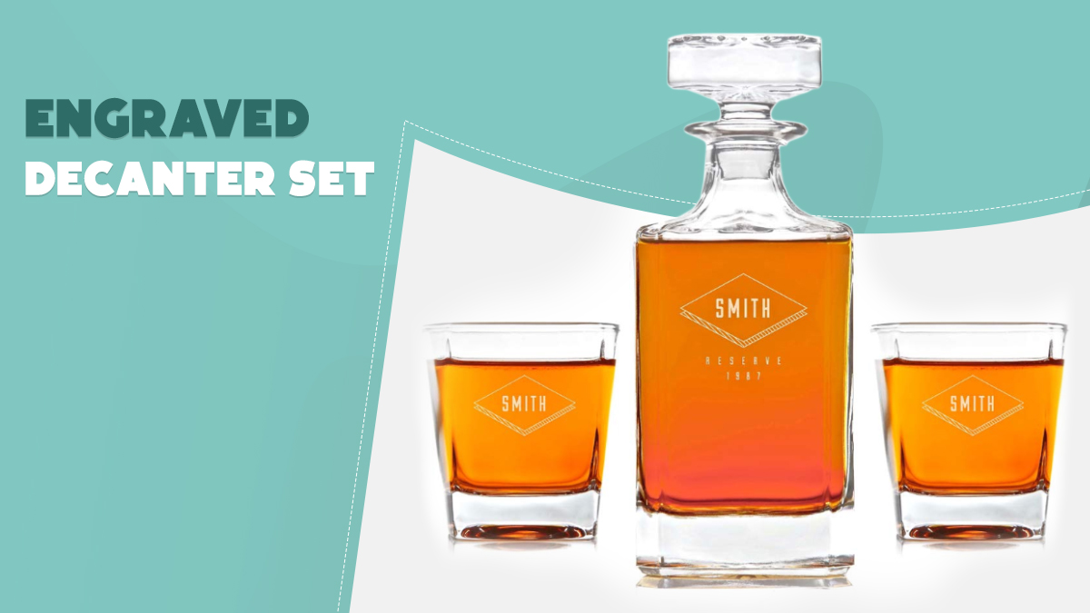 a decanter and two whiskey glasses 