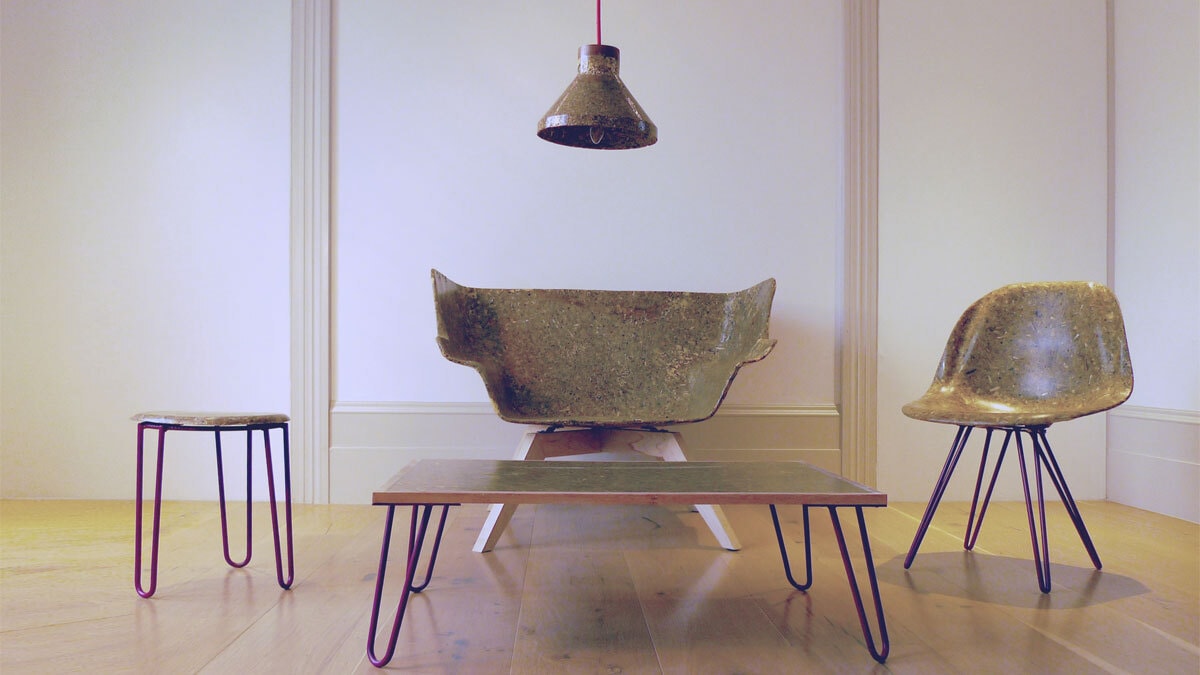 Hemp furniture's like a table, chairs and a hemp lamp all of which are recycled furniture