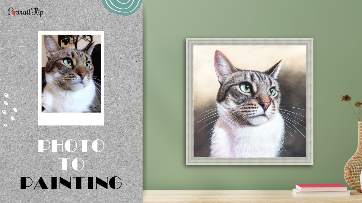 a photo to painting of a cat by PortraitFlip is shown as a personalized gift for cat lovers
