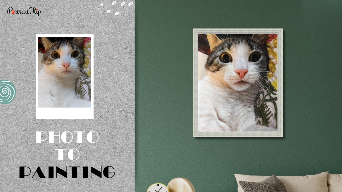 a photo to painting of a cat by PortraitFlip is shown as a personalized gift for cat lovers