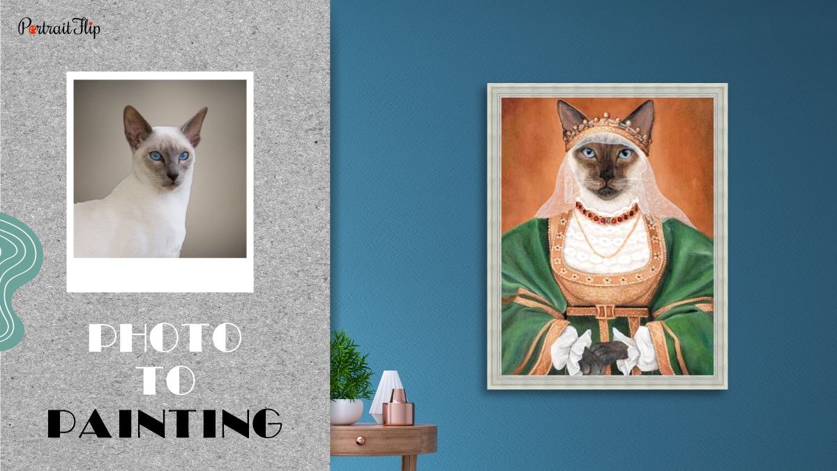 a royal photo to painting of a cat by PortraitFlip is shown as a personalized gift for cat lovers
