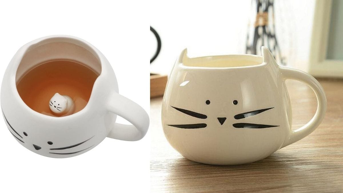 A cute cat themed white mug shown as a cat themed gift for a cat lover