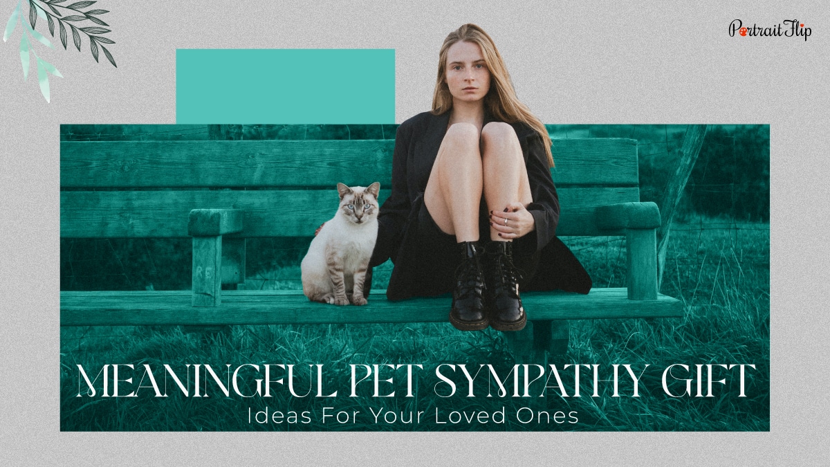 An image of a girl and a cat sitting on a bench together to show the reminiscence of good times together. this image also stands for meaningful pet sympathy gift ideas for someone who is suffering from the loss of a pet.