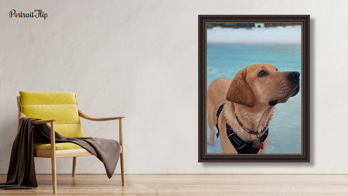 A pet portrait painting where a golden pup is painted into a perfect timeless painting by PortraitFlip. The portrait is placed in a lounge area setup that has a quirky yellow chair