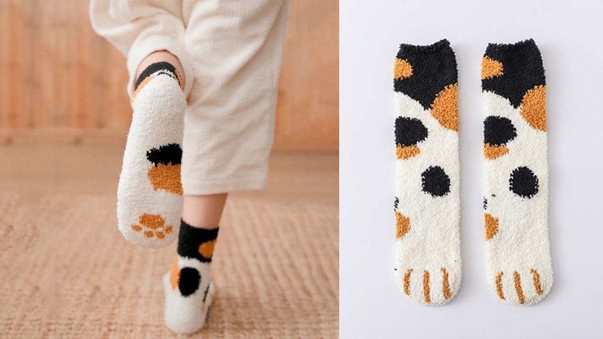 a pair of woolen cat themed socks shown as a gift for cat lover