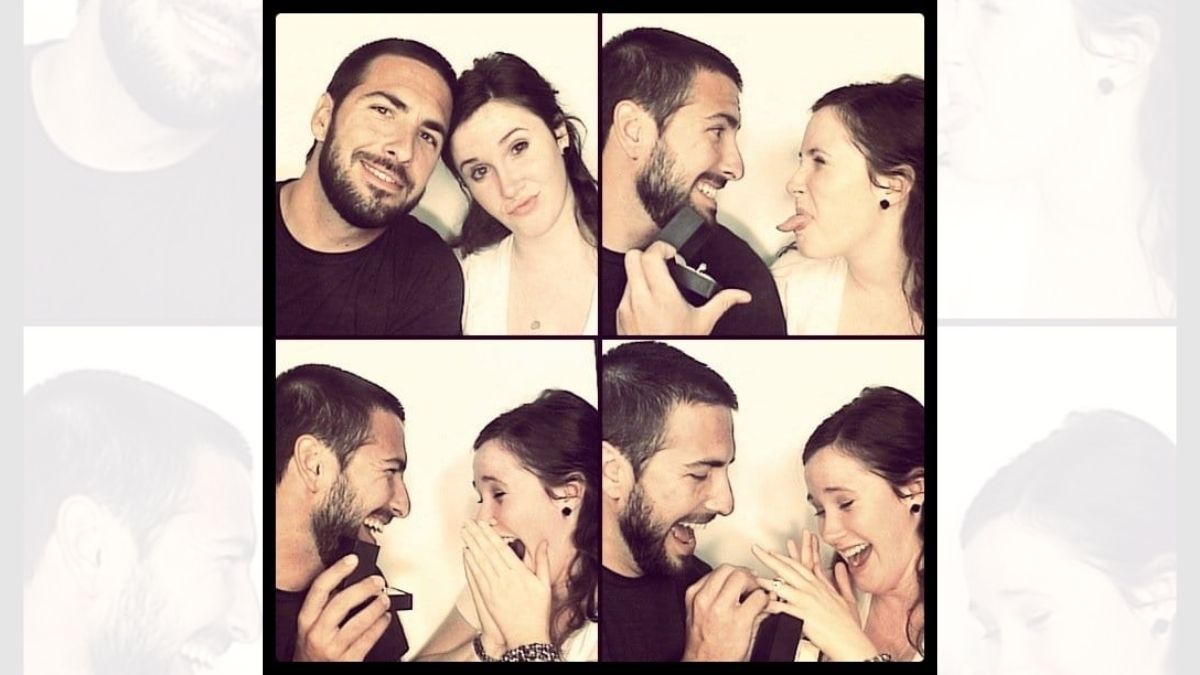 A proposal during the photoshoot in a photobooth shown as one of the best proposal ideas