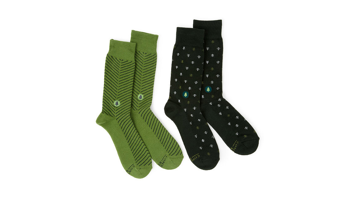 Two pairs of eco-friendly socks that plant trees