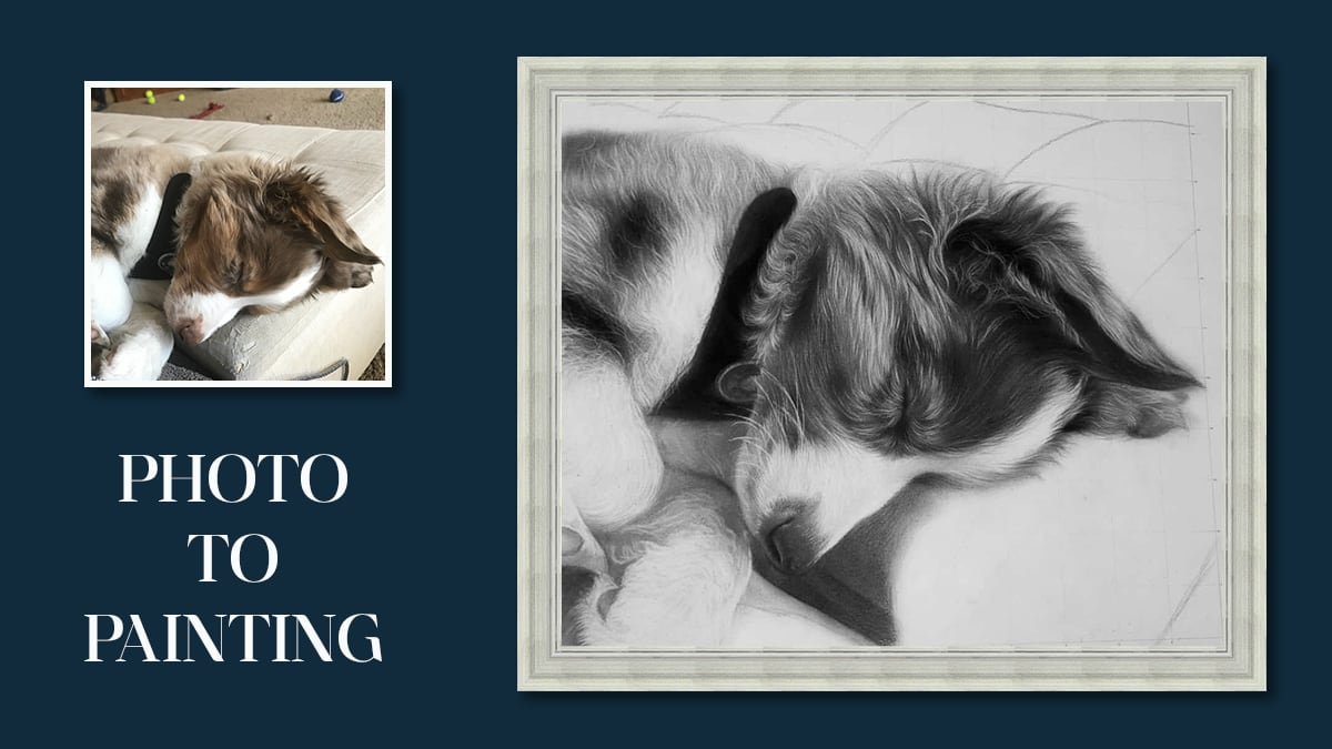 a charcoal painting of a dog sleeping on a mattress. 
