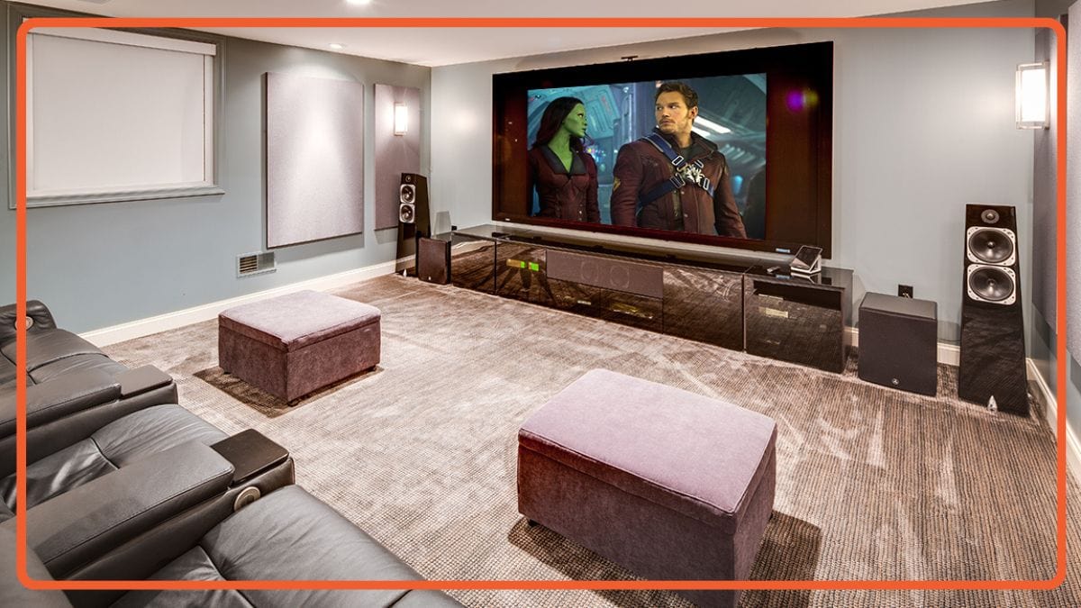 a home theatre displaying a movie