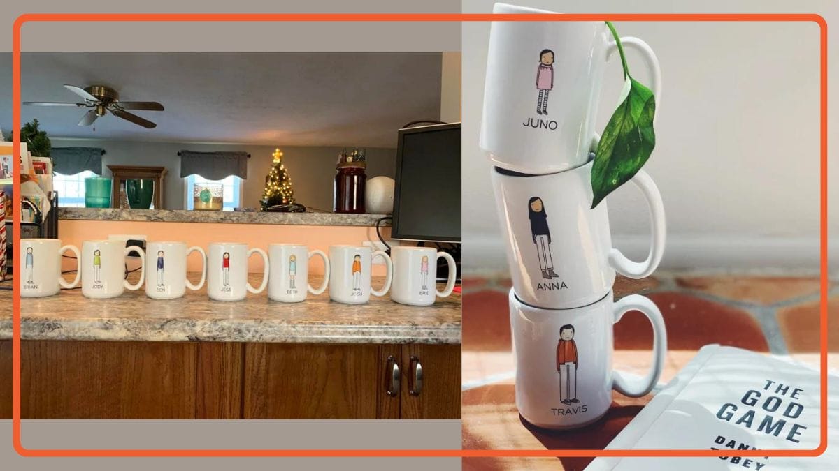 a set of customized family mugs 