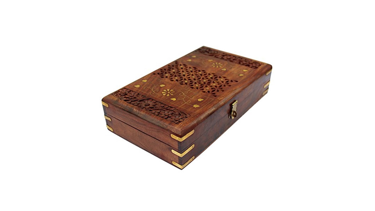a wooden keepsake box in a white background