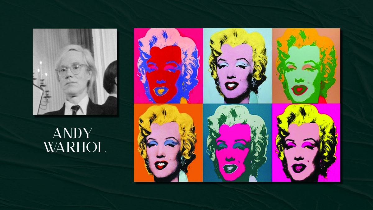 A famous painting by Andy Warhol called Marlin Diptych and self portrait of him on display. the text reads Andy Warhol. 