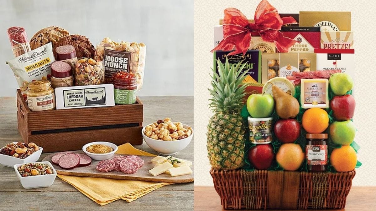 two assorted baskets of snacks shown as gifts for brother in law