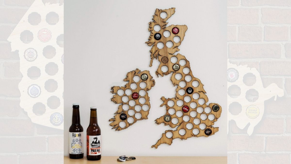a map made out of wood that has holes where one can store beer caps on the map 