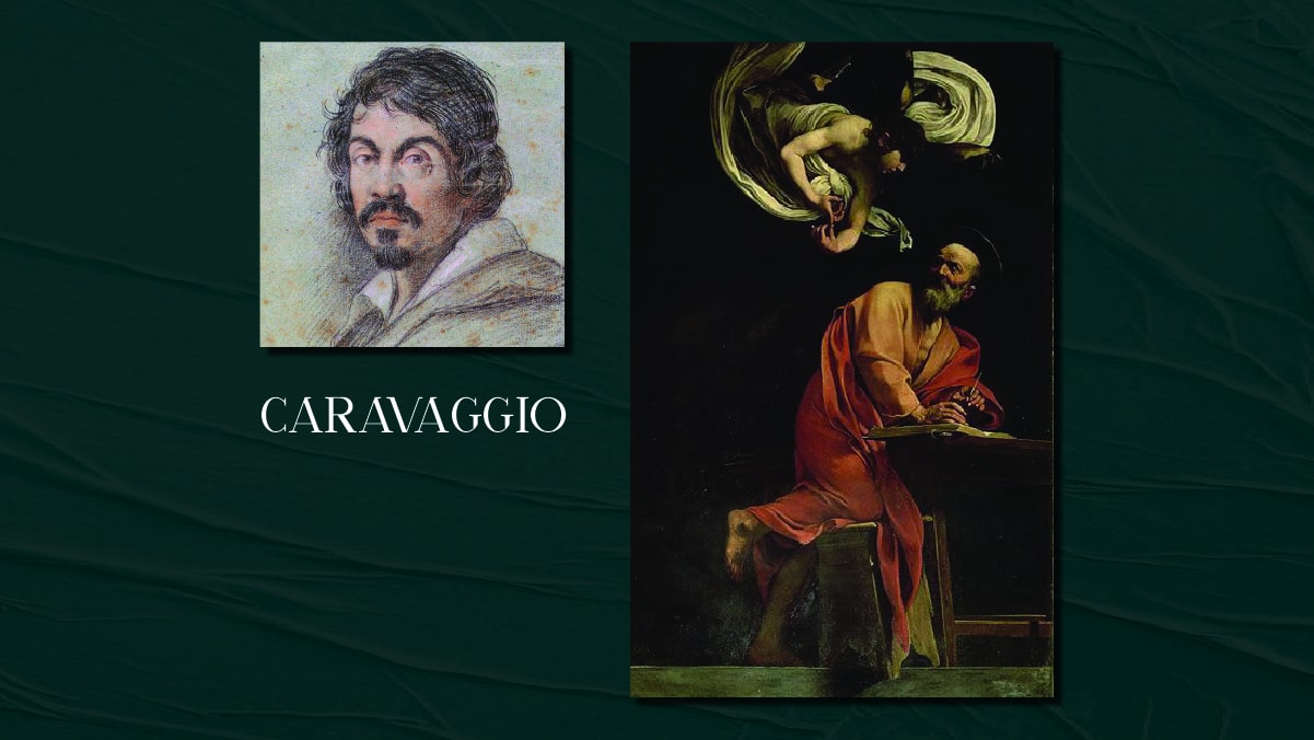 A famous painting by Caravaggio called the Inspiration of Saint Matthew and his self portrait on display. The text reads Caravaggio.