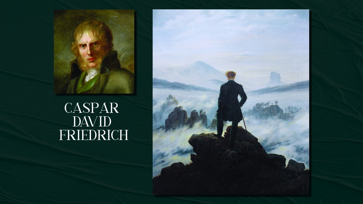 A famous painting by Caspar David called Wanderer above the Sea of Fog and a self portrait of him on display. The text reads Caspar David Friedrich.