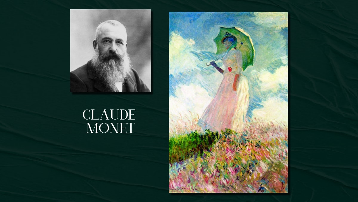A famous painting by Claude Monet called Women with a Parasol and a self portrait of him on display. The text reads Claude Monet.